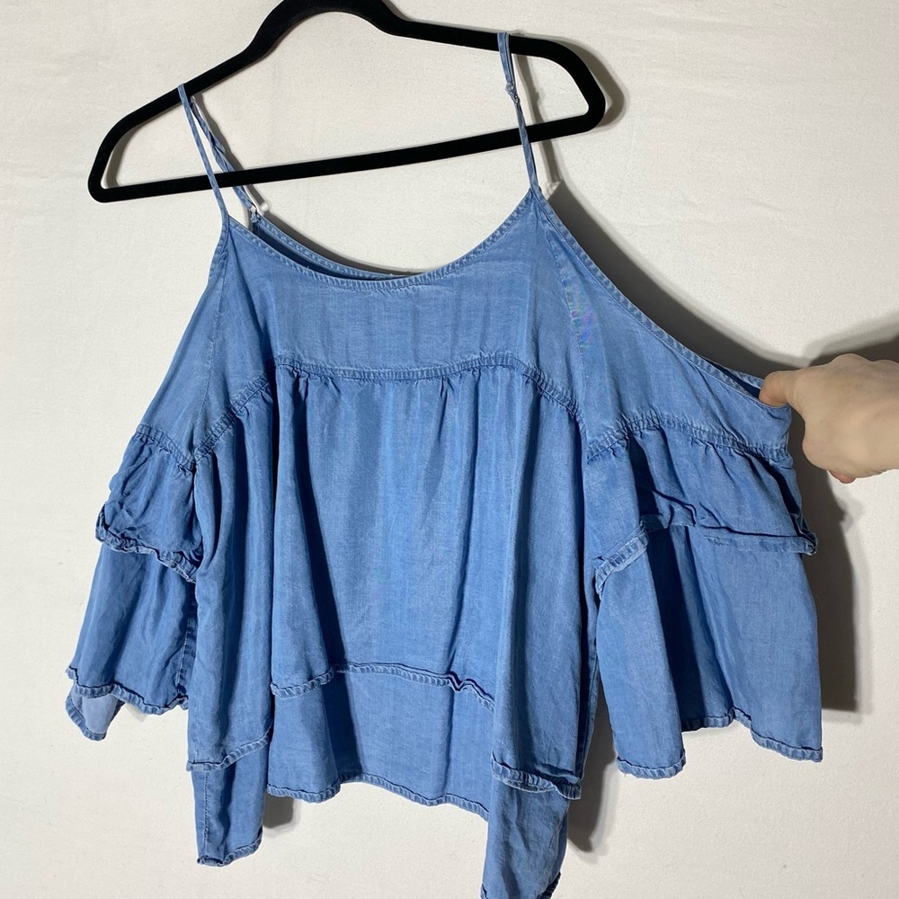 Kismet Blue Boho Ruffled Off Shoulder Tiered Crop Top L